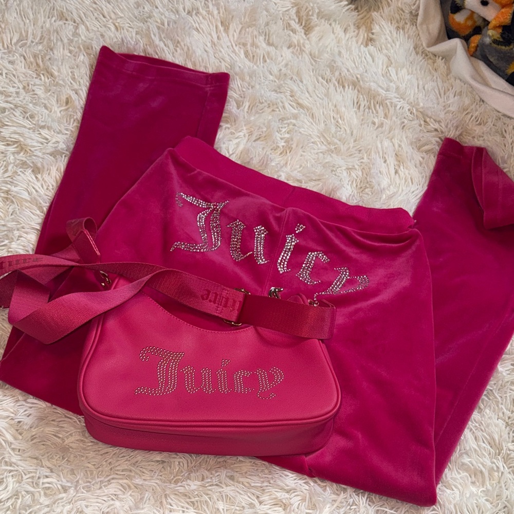 Juicy Couture Hot Pink Velour Tracksuit Pants with Matching Juicy Shoulder Bag